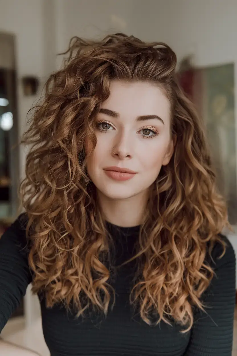 curly haircuts summer ideas 2025 Amber-Toned Layered Curls