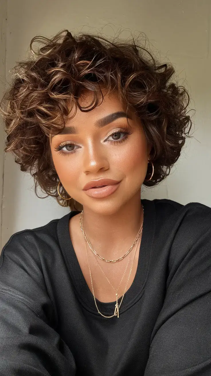 curly haircuts summer ideas 2025 Glossy Short Curls with Lived-In Bangs