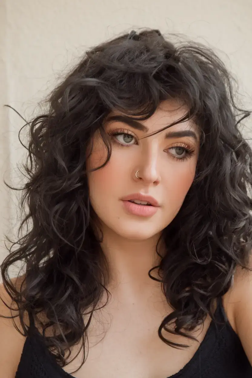 curly haircuts summer ideas 2025 Mid-Length Shag with Piecey Fringe