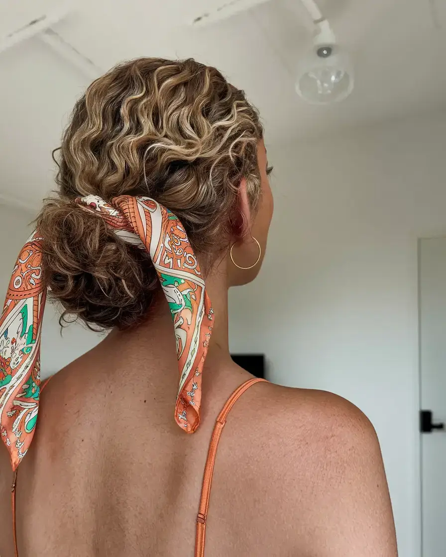cute natural summer hairstyle ideas 2025+Wavy Low Bun with a Printed Scarf