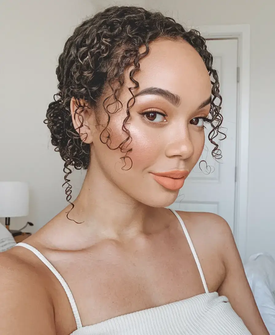 cute natural summer hairstyle ideas 2025+Sleek Curly Bun with Romantic Tendrils