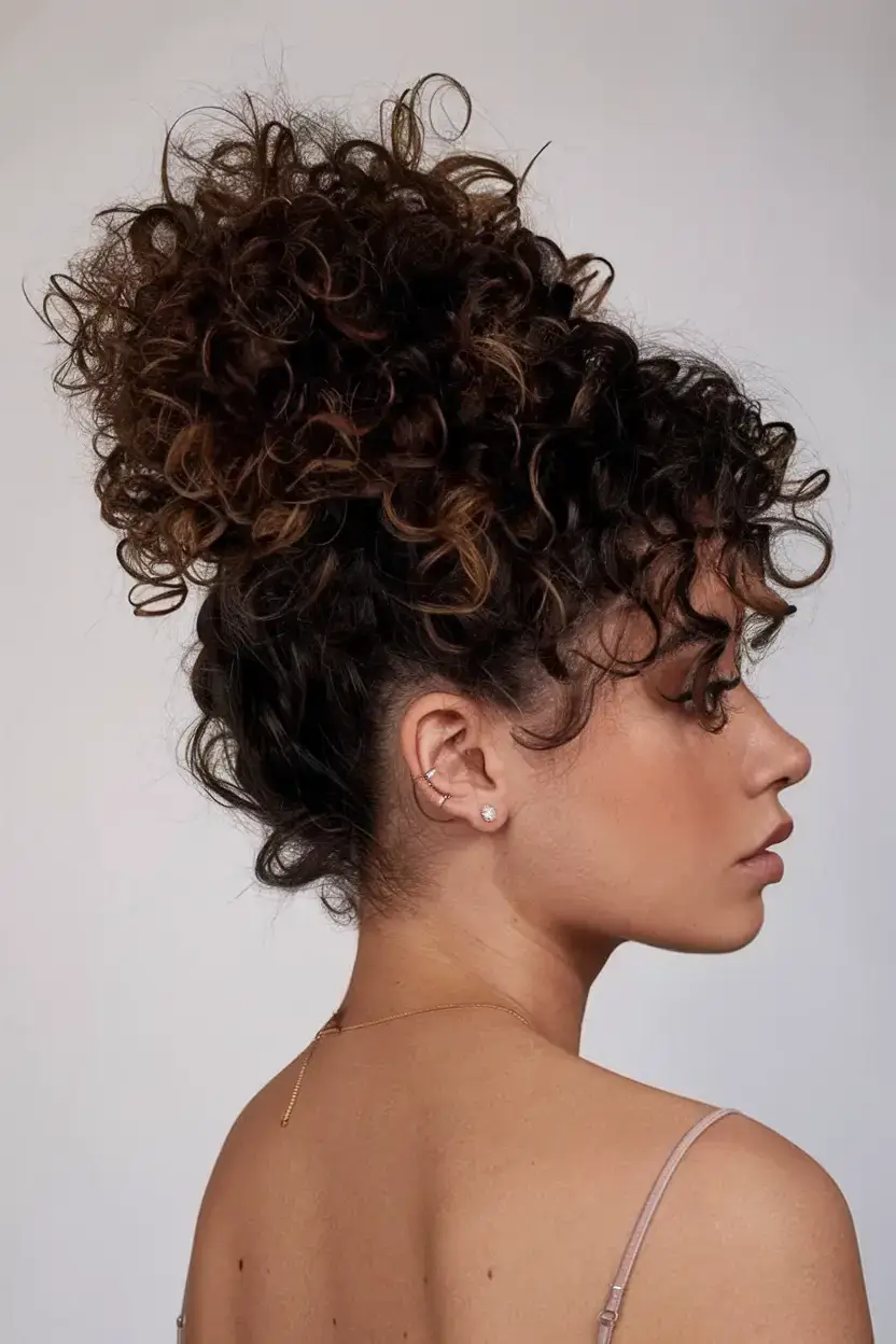 cute natural summer hairstyle ideas 2025+Full Volume Curly Updo with Soft Bangs