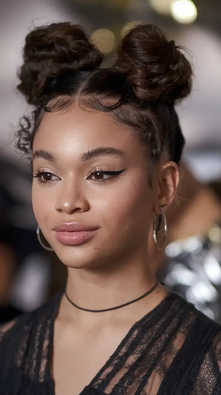 cute natural summer hairstyle ideas 2025 Double Space Buns with Face-Framing Details