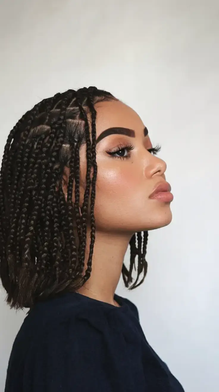 cute natural summer hairstyle ideas 2025 Chin-Length Box Braids with a Blunt Finish
