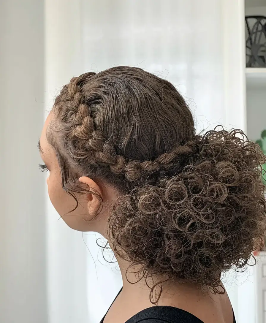 cute natural summer hairstyle ideas 2025+Braided Halo with a Curly Bun