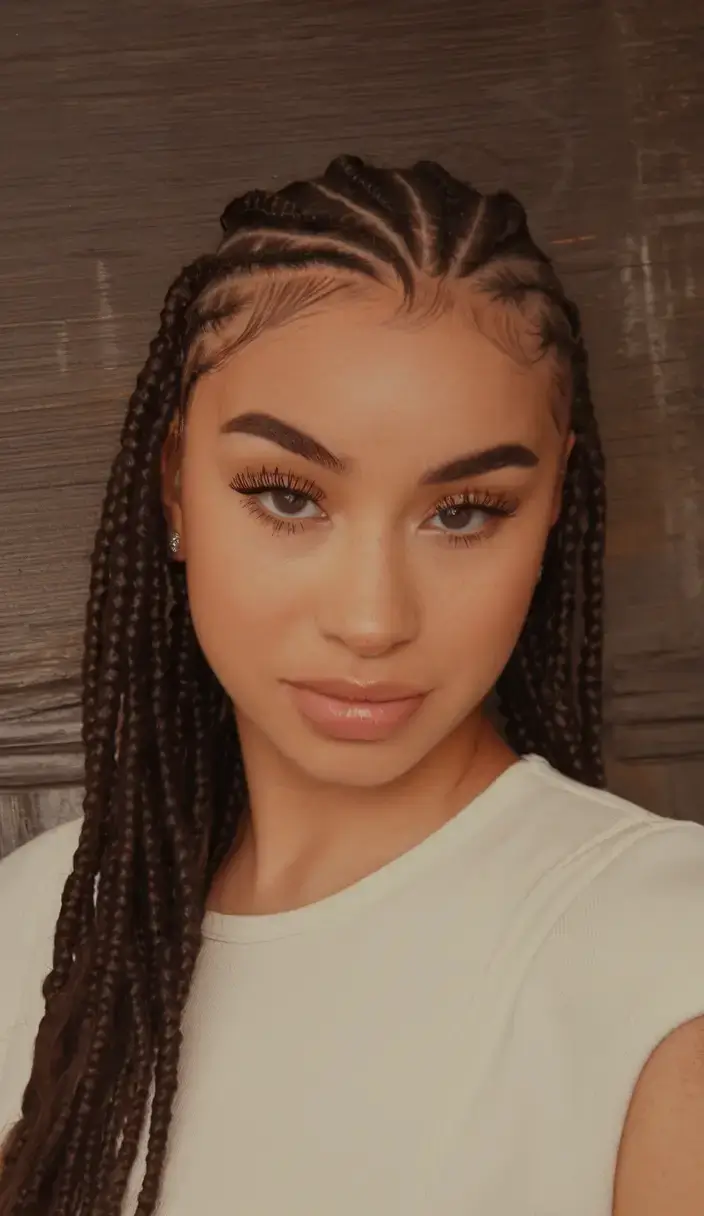 cute natural summer hairstyle ideas 2025 Defined Feed-In Braids with Flowing Ends