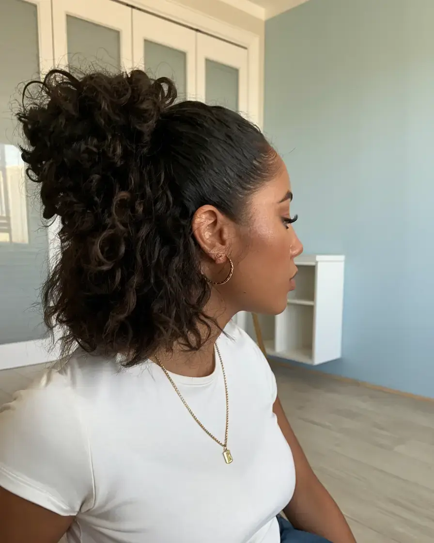 cute natural summer hairstyle ideas 2025+Half-Up Curly Puff with Sleek Sides