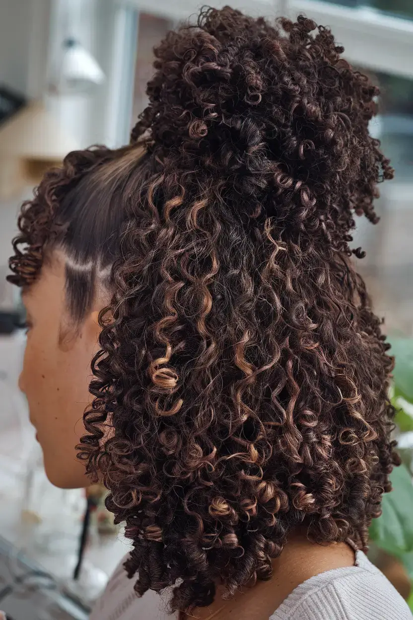 cute natural summer hairstyle ideas 2025+Half-Up High Bun with Loose Spiral Ends