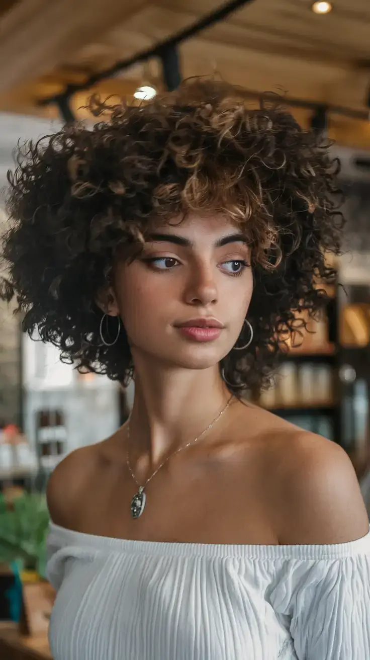 cute natural summer hairstyle ideas 2025+Layered Curly Shag with Bangs