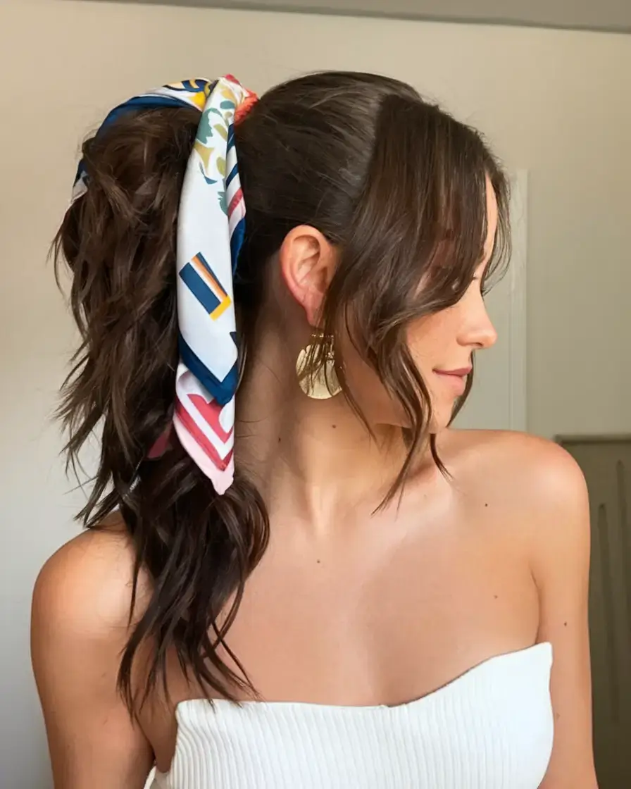 easy summer hairstyles 2025 Scarf-Tied Textured Ponytail