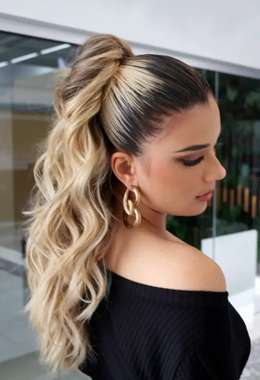 easy summer hairstyles 2025 Blonde Bombshell Pony with Beach Waves