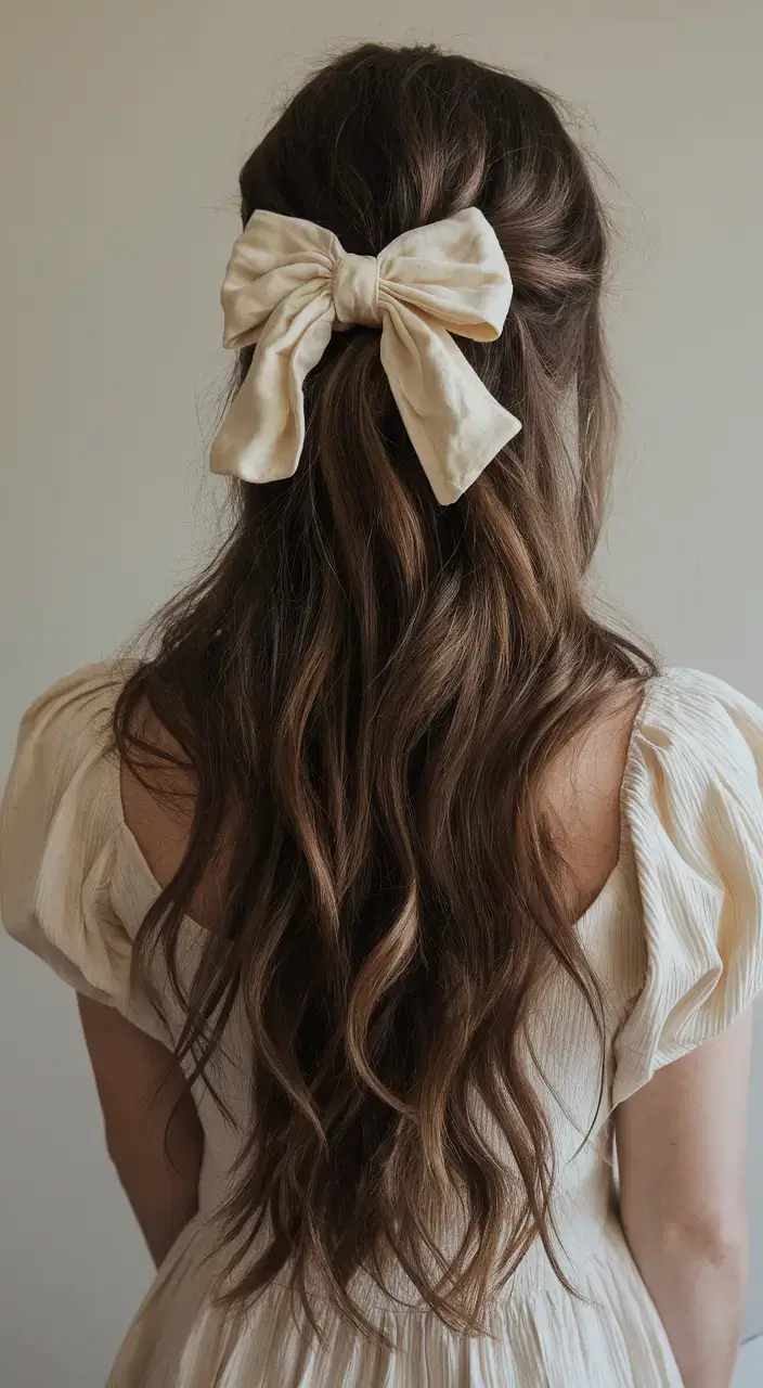 easy summer hairstyles 2025 Half-Up Soft Waves with a Statement Bow