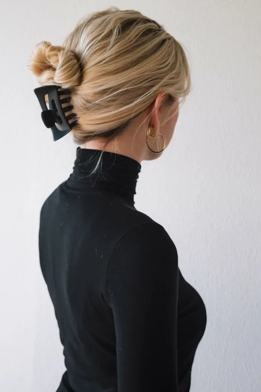 easy summer hairstyles 2025 Twisted Claw Bun with Curtain Bangs