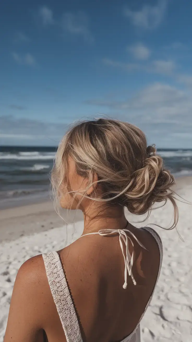 fresh hairstyles for june 2025 Messy Beach Bun with Face-Framing Waves