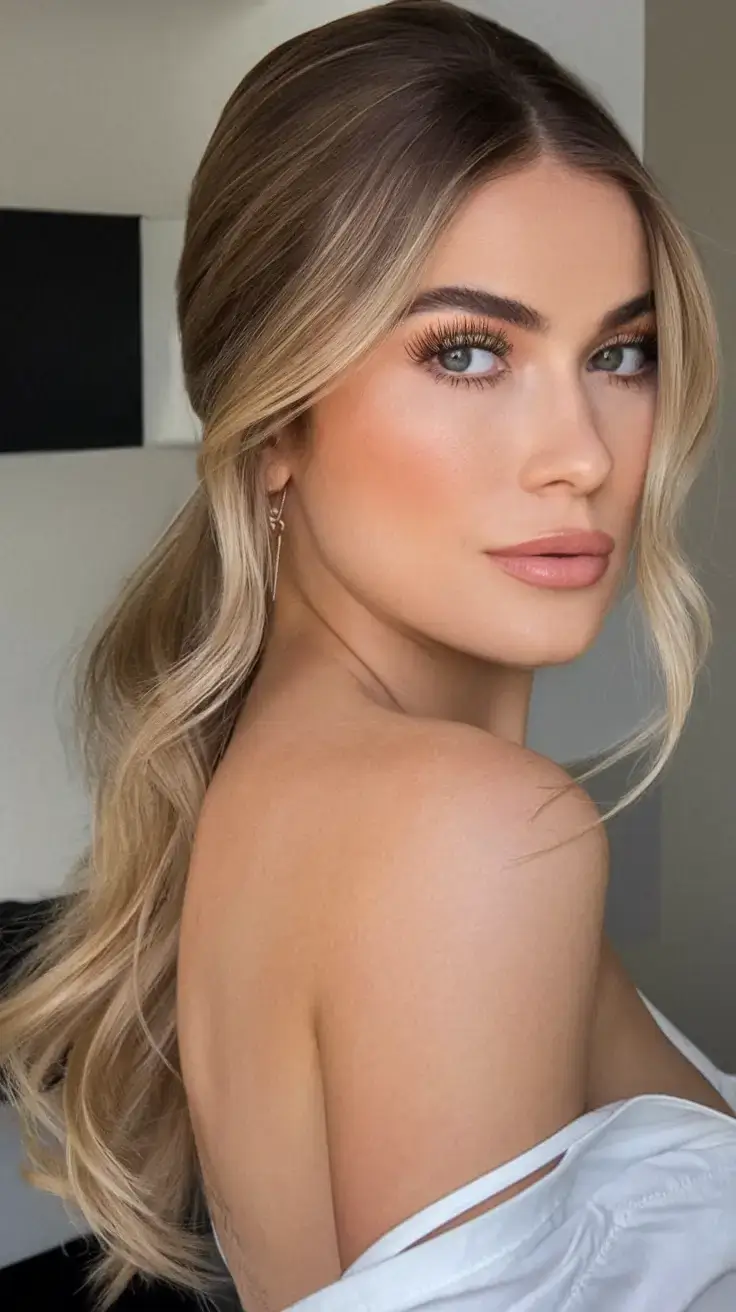fresh hairstyles for june 2025 Glossy Blonde Low Ponytail with Face-Framing Layers