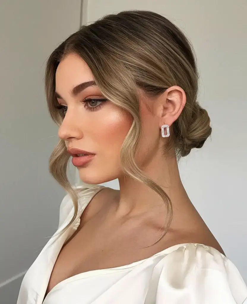 fresh hairstyles for june 2025 Low Wrapped Bun with Soft Side Pieces
