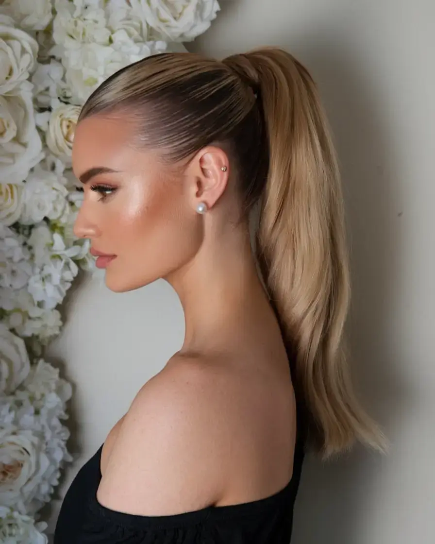 fresh hairstyles for june 2025 Classic Sleek Ponytail with a Blonde Wrap