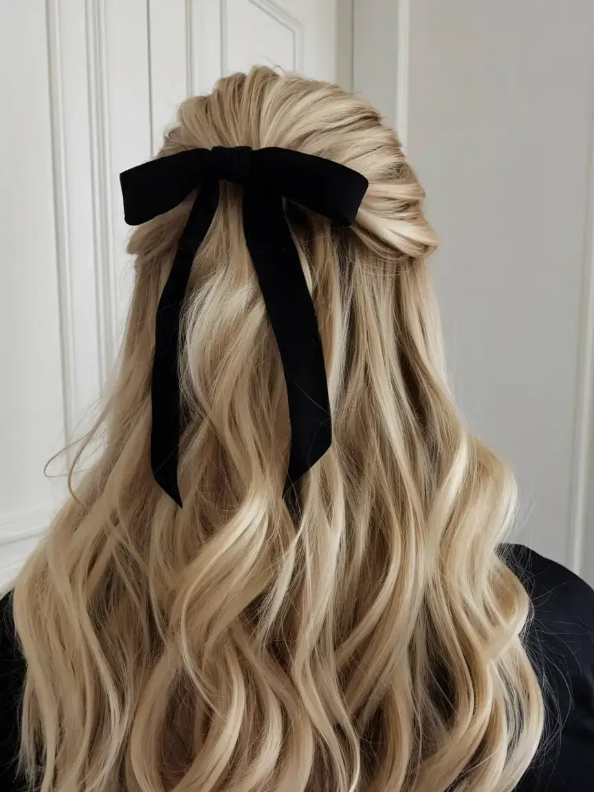 fresh hairstyles for june 2025 Half-Up Blonde Waves with a Velvet Black Bow