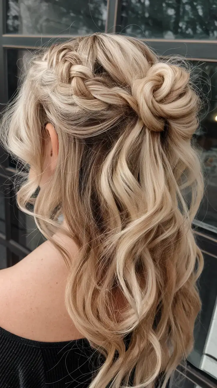 fresh hairstyles for june 2025 Boho Half-Up Knot with Waterfall Braid