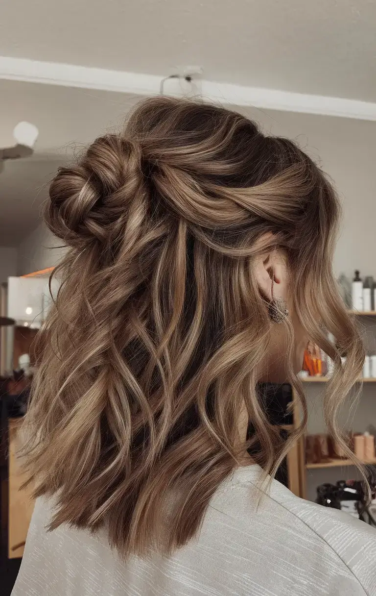 fresh hairstyles for june 2025 Half-Up Textured Bun on Medium-Length Waves
