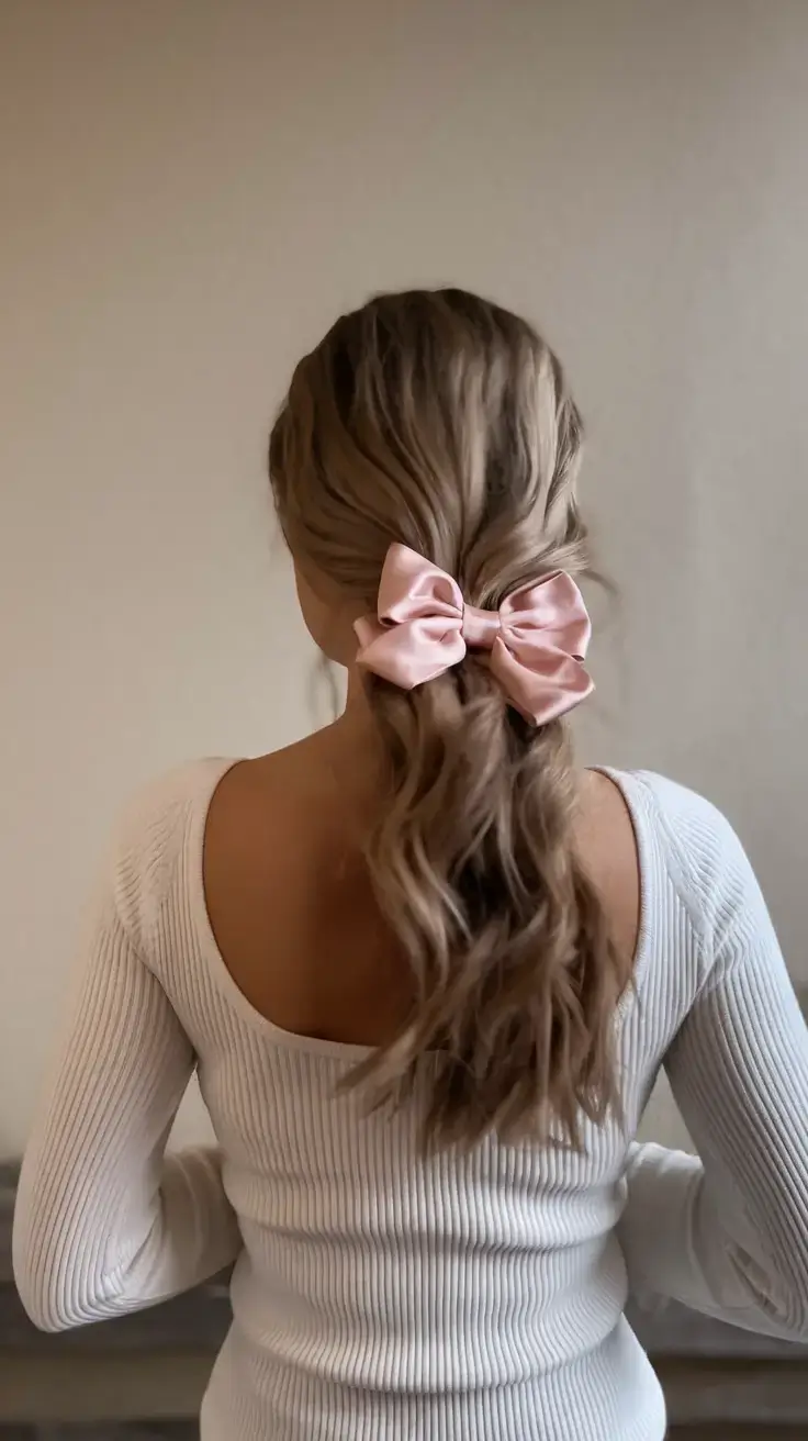 fresh hairstyles for june 2025 Soft Waves with a Blush Satin Bow