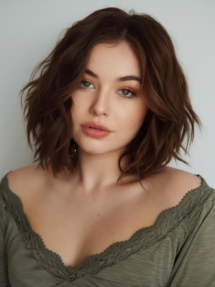 haircut for chubby face summer ideas 2025 Choppy Lob with Tucked-In Texture