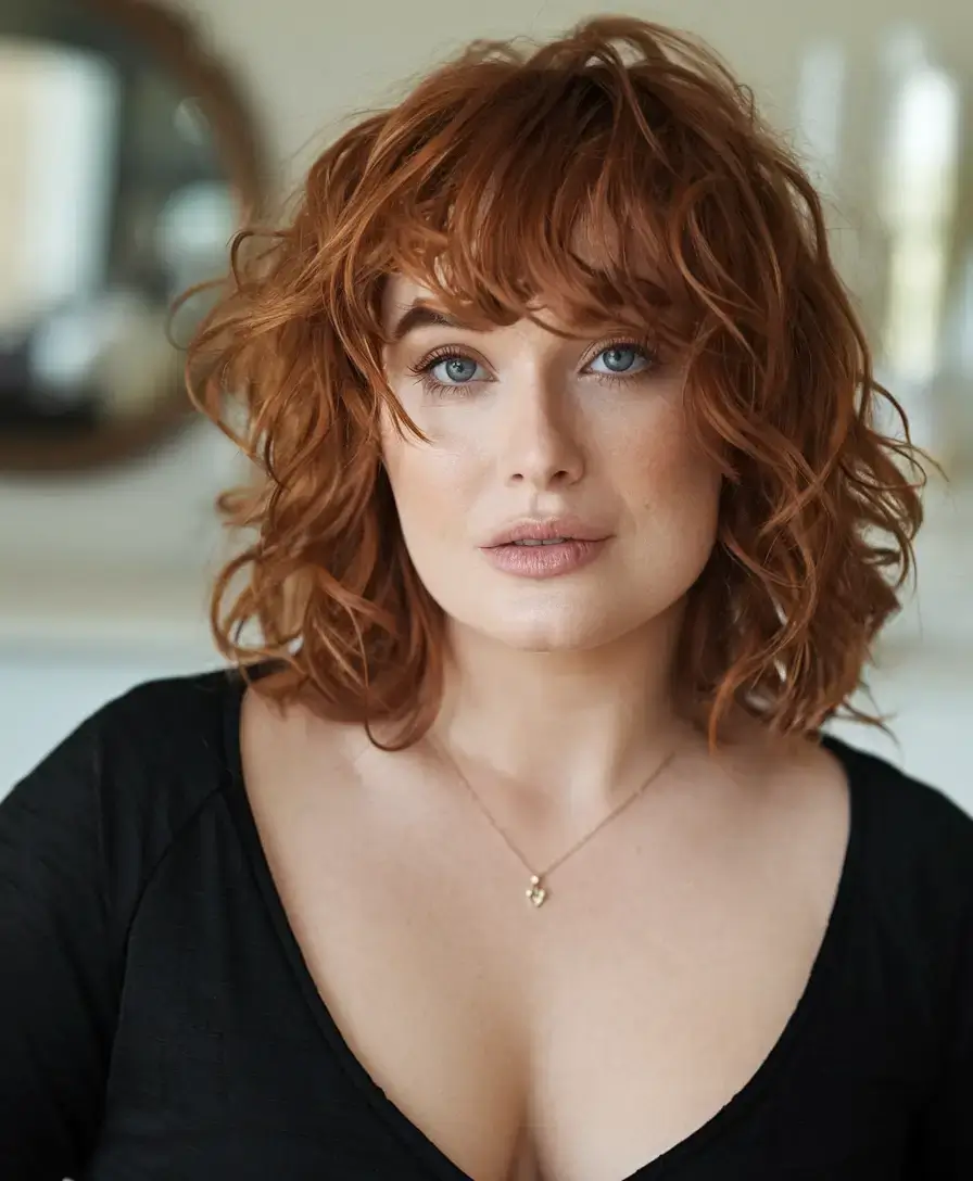 haircut for chubby face summer ideas 2025 Curly Shag in Fiery Copper