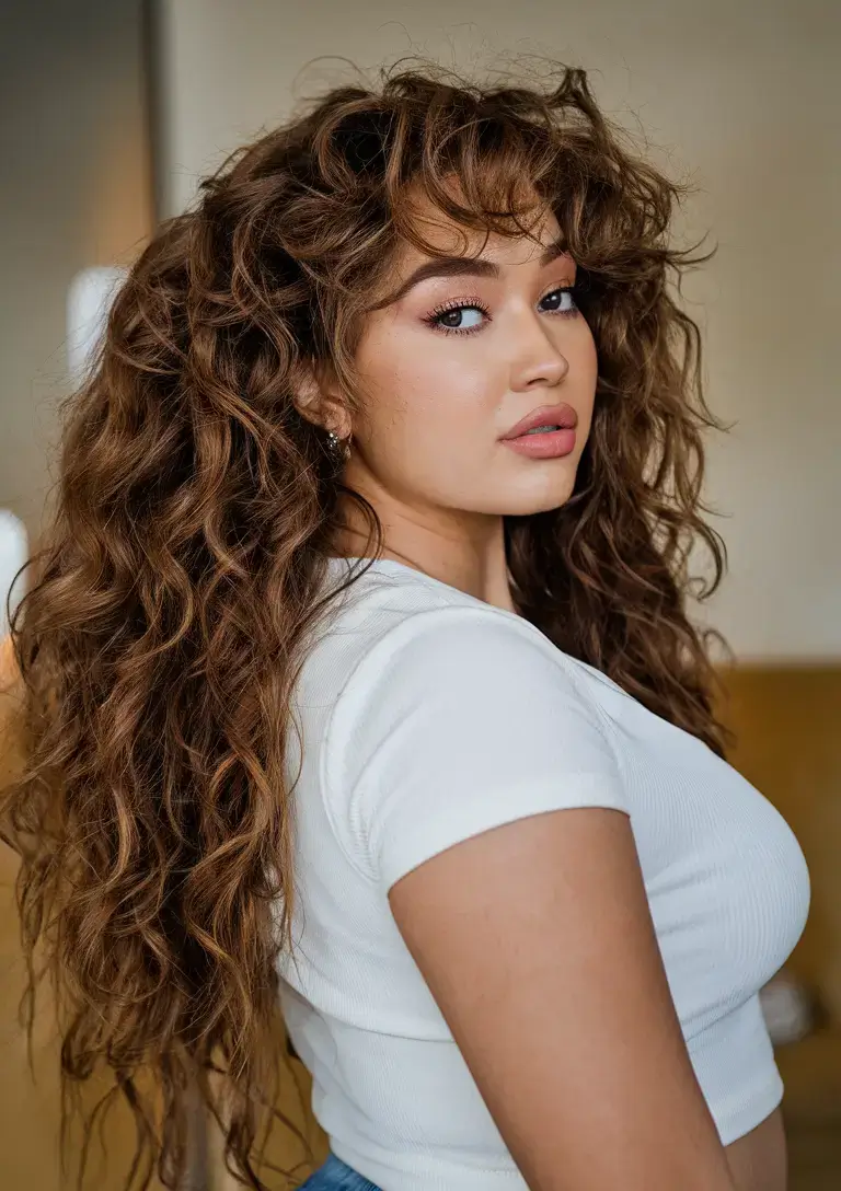 haircut for chubby face summer ideas 2025 Voluminous Curls with Feathered Fringe