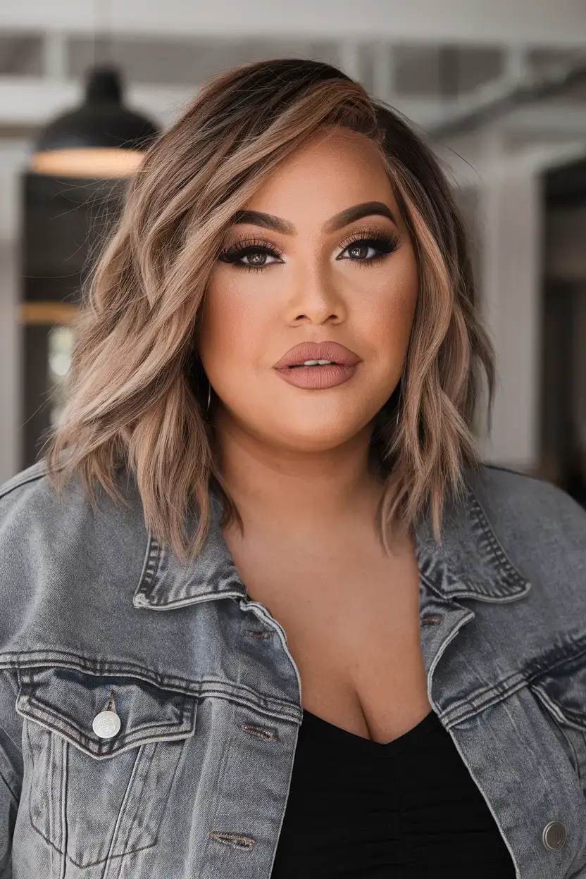 haircut for chubby face summer ideas 2025 Shadow Root Lob with Lived-In Waves