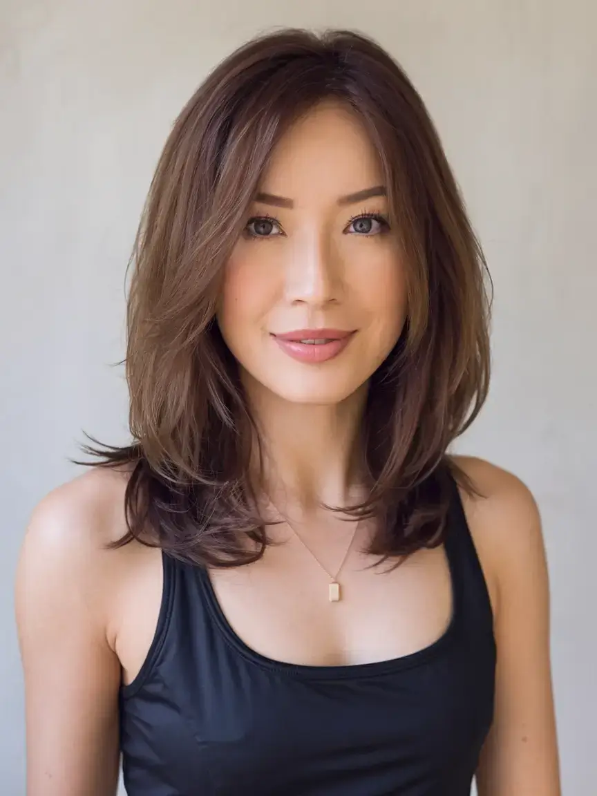Haircut for chubby face summer ideas 2025 Feathered Mid-Length Cut
