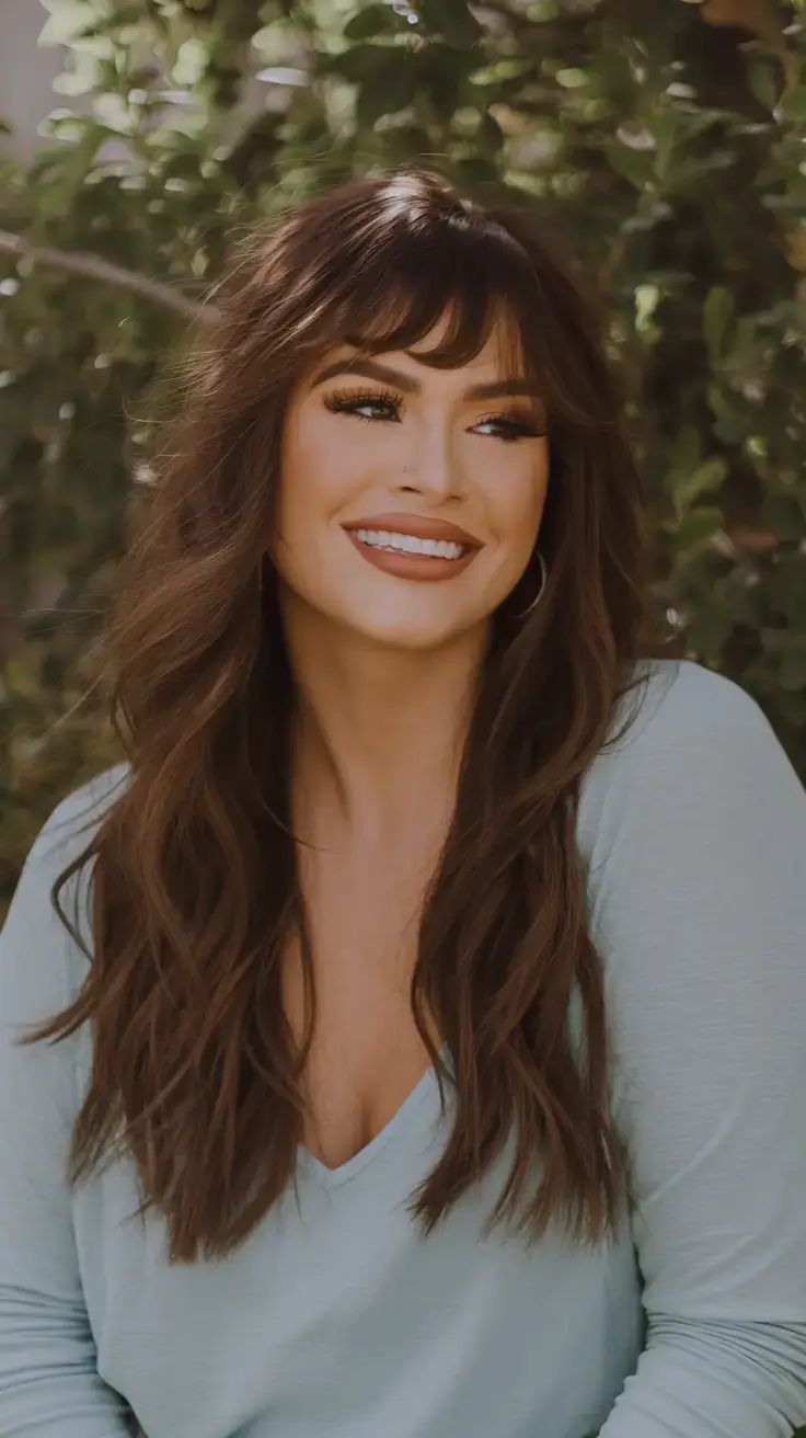 haircut for chubby face summer ideas 2025 Long Layers with Full Bangs