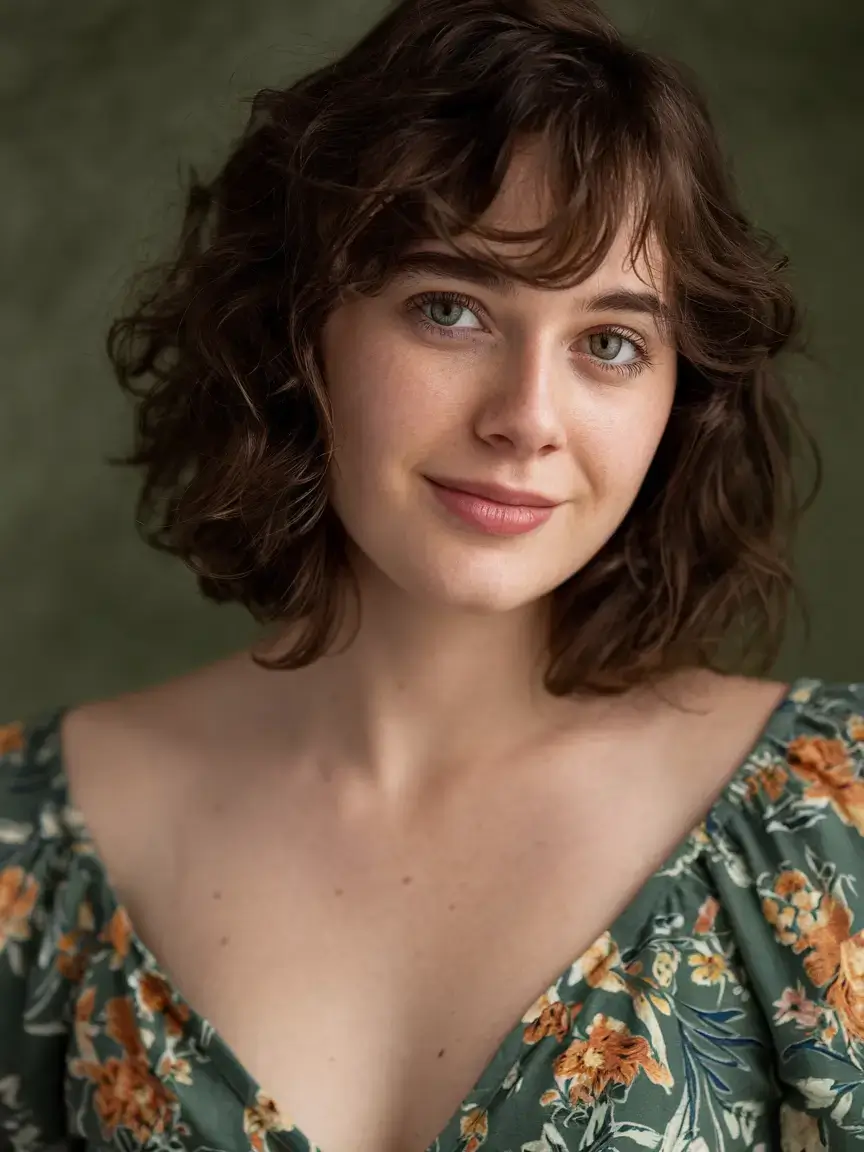 haircut for chubby face summer ideas 2025 Short Curly Bob with Wispy Bangs
