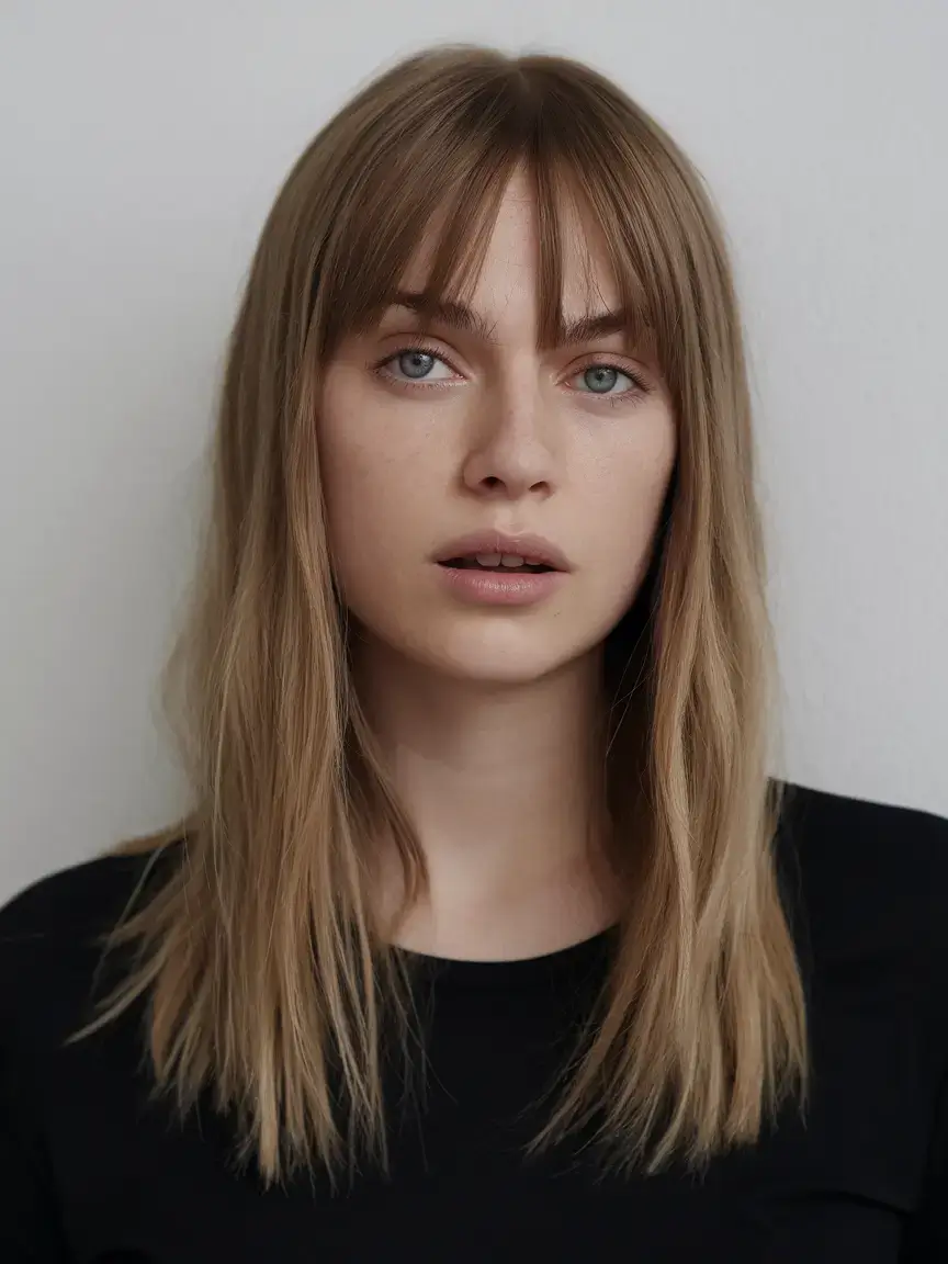 haircut for oval face summer ideas 2025 Straight Cut with Brow-Grazing Fringe