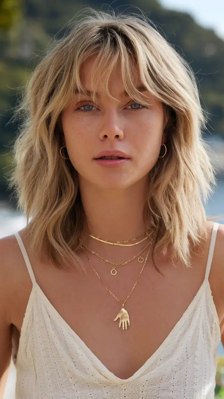 haircut for oval face summer ideas 2025 Shaggy Layers with Piecey Bangs