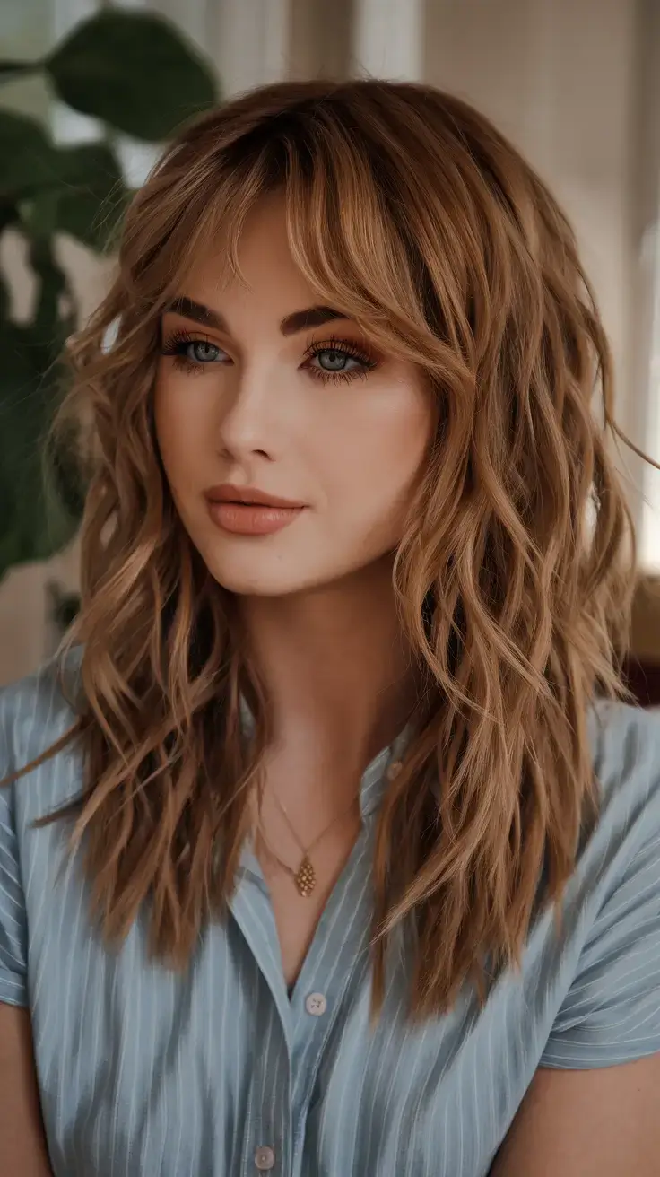 haircut for oval face summer ideas 2025 Choppy Lob with Curtain Bangs