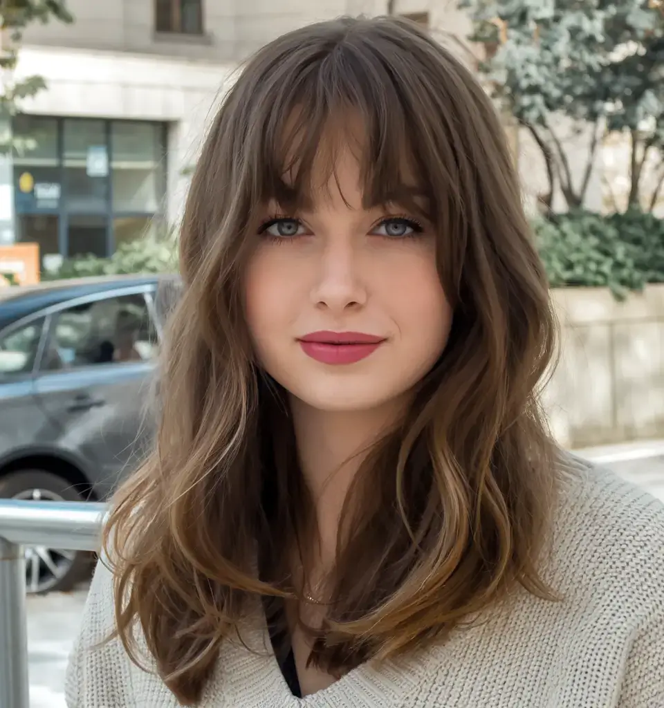haircut for oval face summer ideas 2025 Full Fringe with Loose Mid-Length Waves