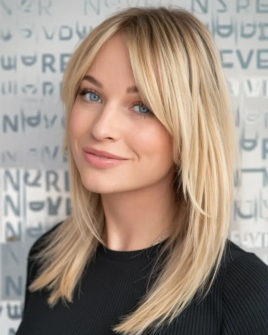 haircut for round face - summer ideas 2025 Blonde Feathered Cut with Sleek Bangs