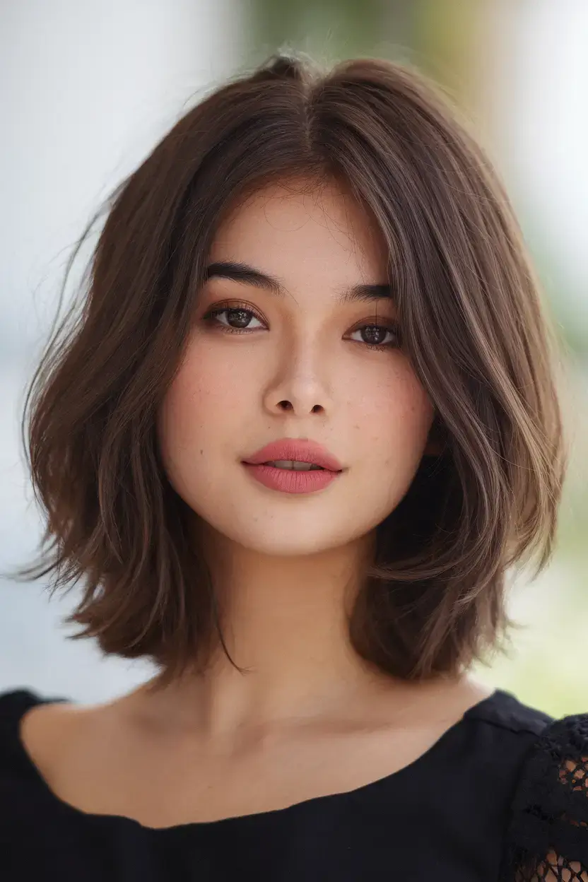 haircut for round face - summer ideas 2025 Flipped-Out Wavy Lob