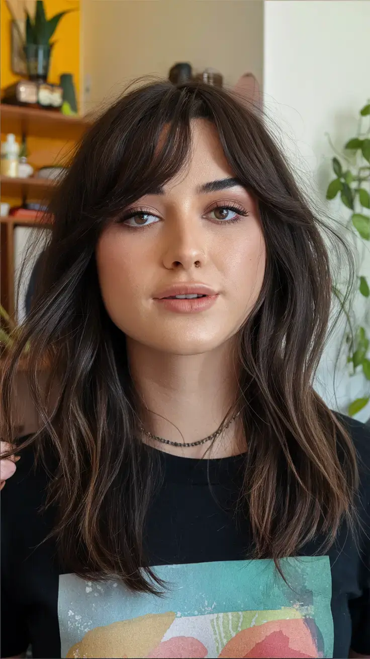 haircut for round face - summer ideas 2025 Textured Layers with Peek-a-Boo Bangs