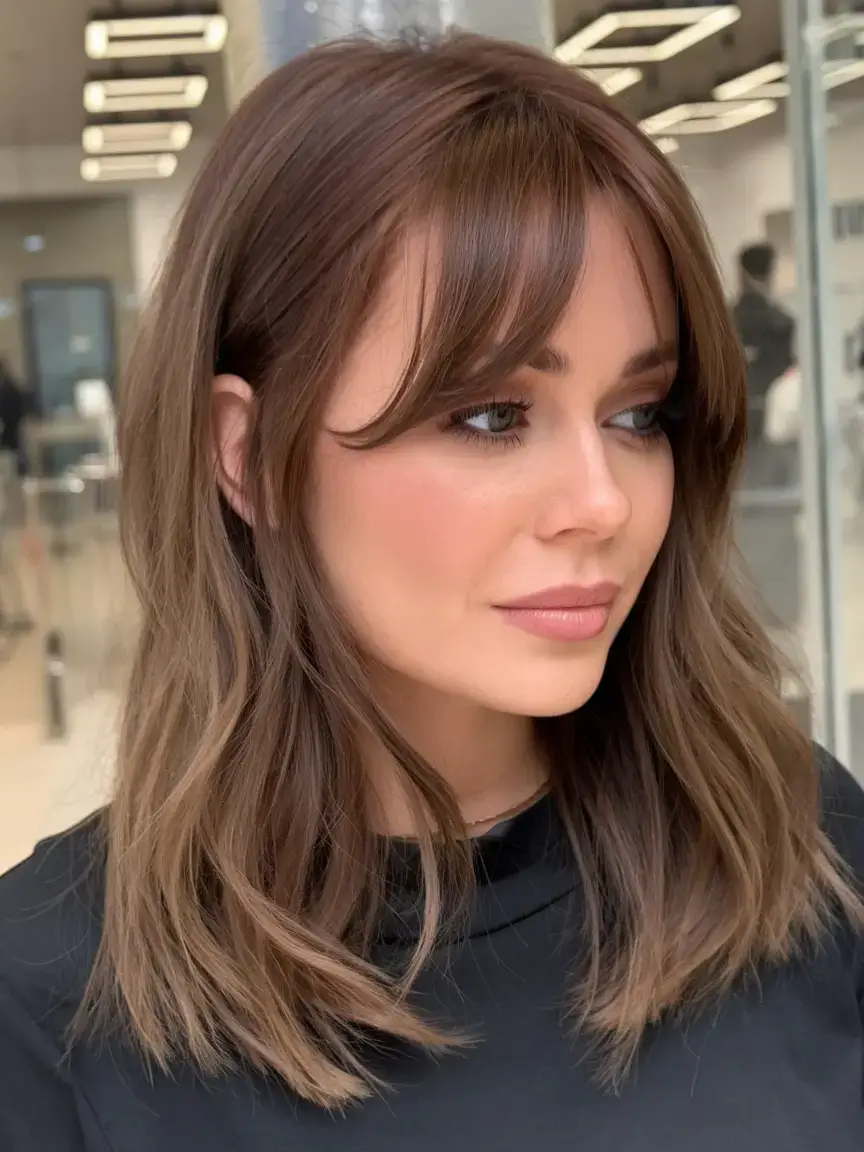 haircut for round face - summer ideas 2025 Medium Cut with Side-Tipped Curtain Bangs