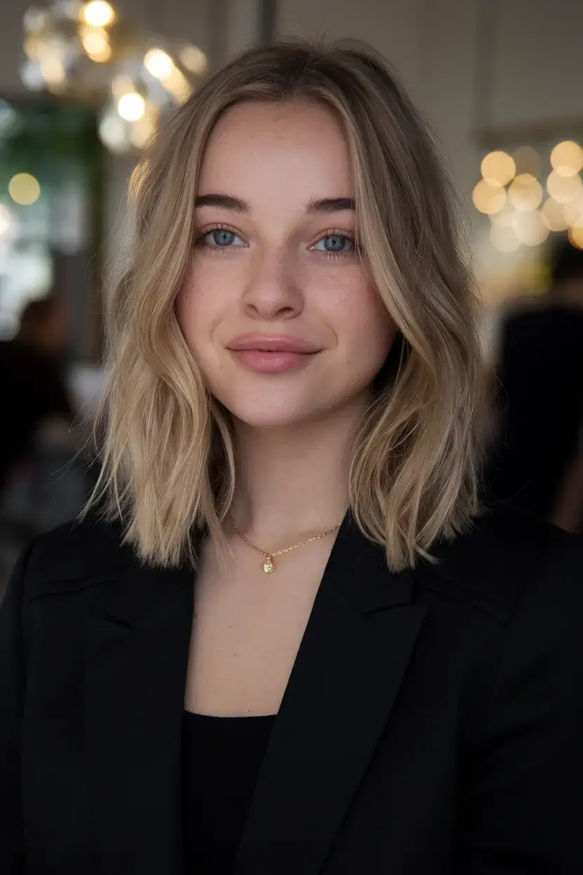 haircut for round face - summer ideas 2025 Beige Blonde Lob with Soft Flicks