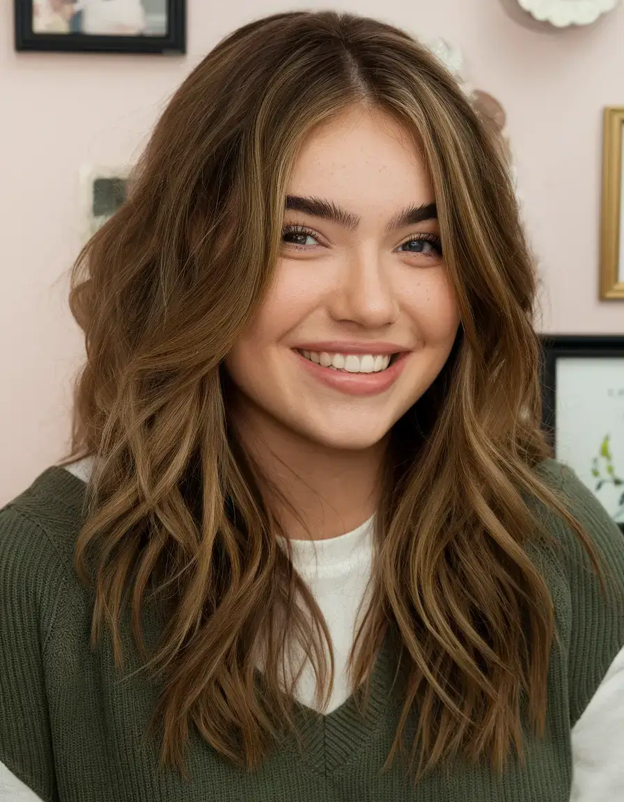 haircut for round face - summer ideas 2025 Long Loose Waves with Rich Caramel Tones
