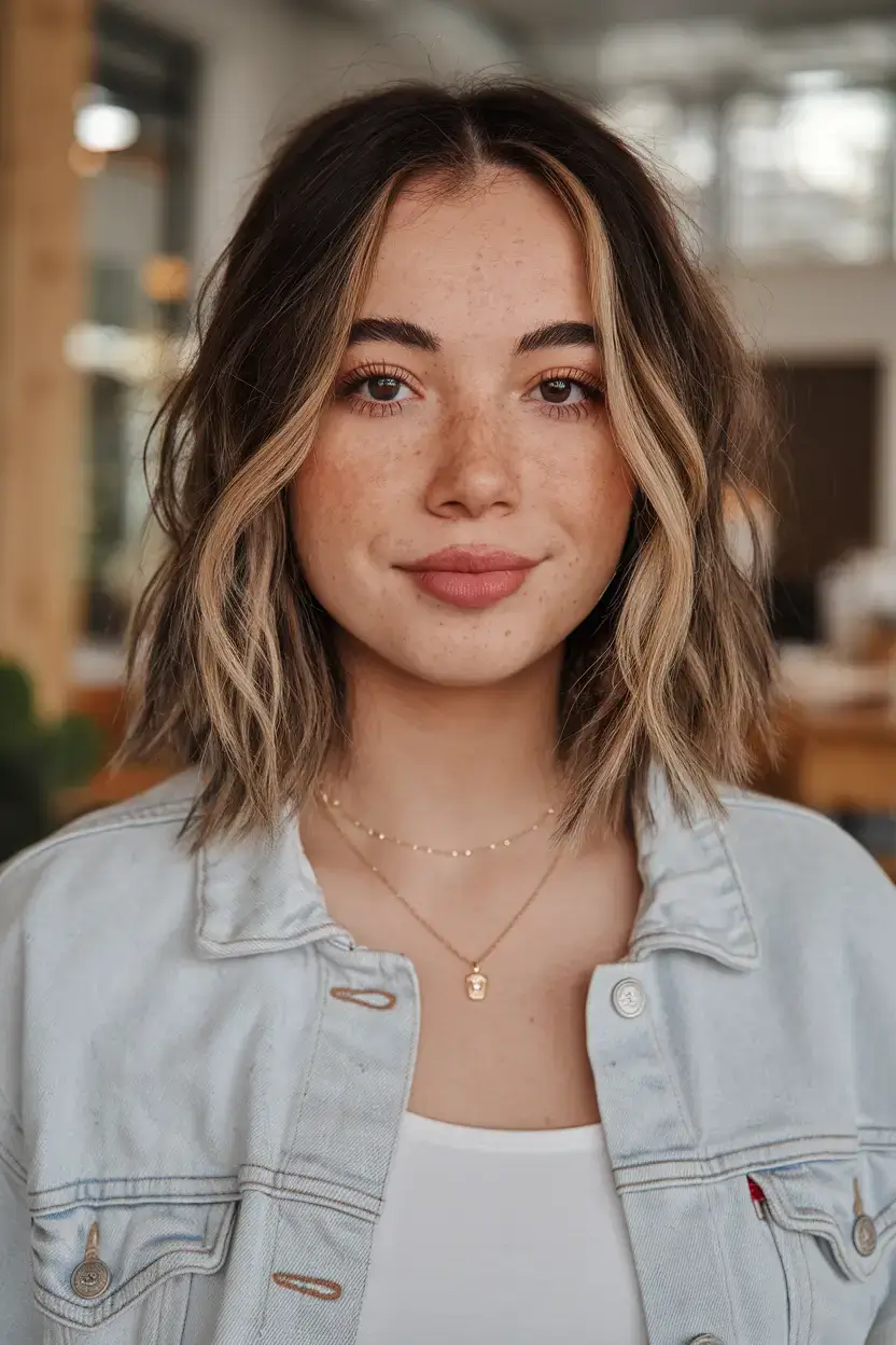 haircut for round face - summer ideas 2025 Beachy Brunette Bob with Face-Framing Highlights