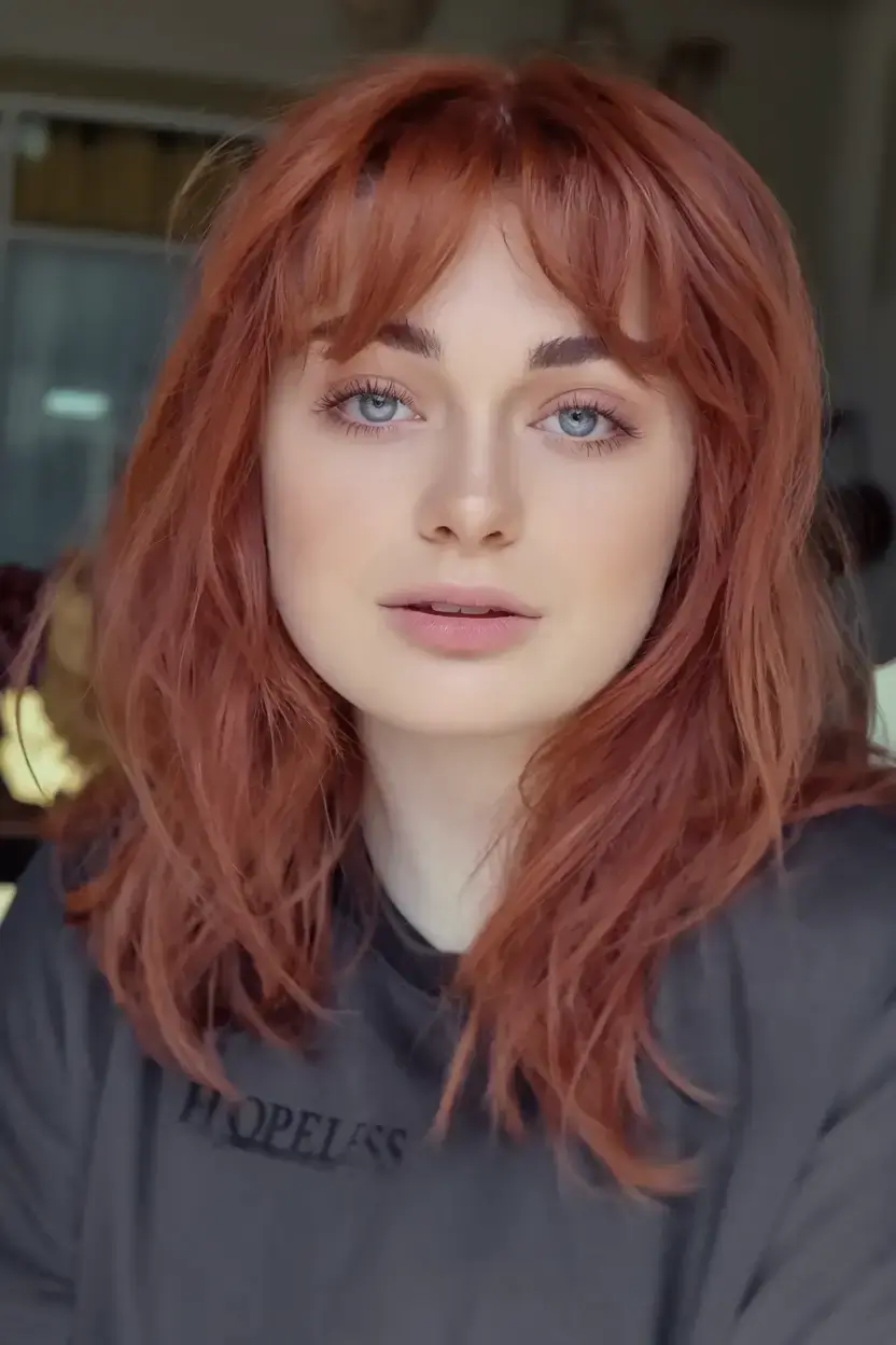 haircut for round face - summer ideas 2025 Layered Copper Cut with Feathered Fringe