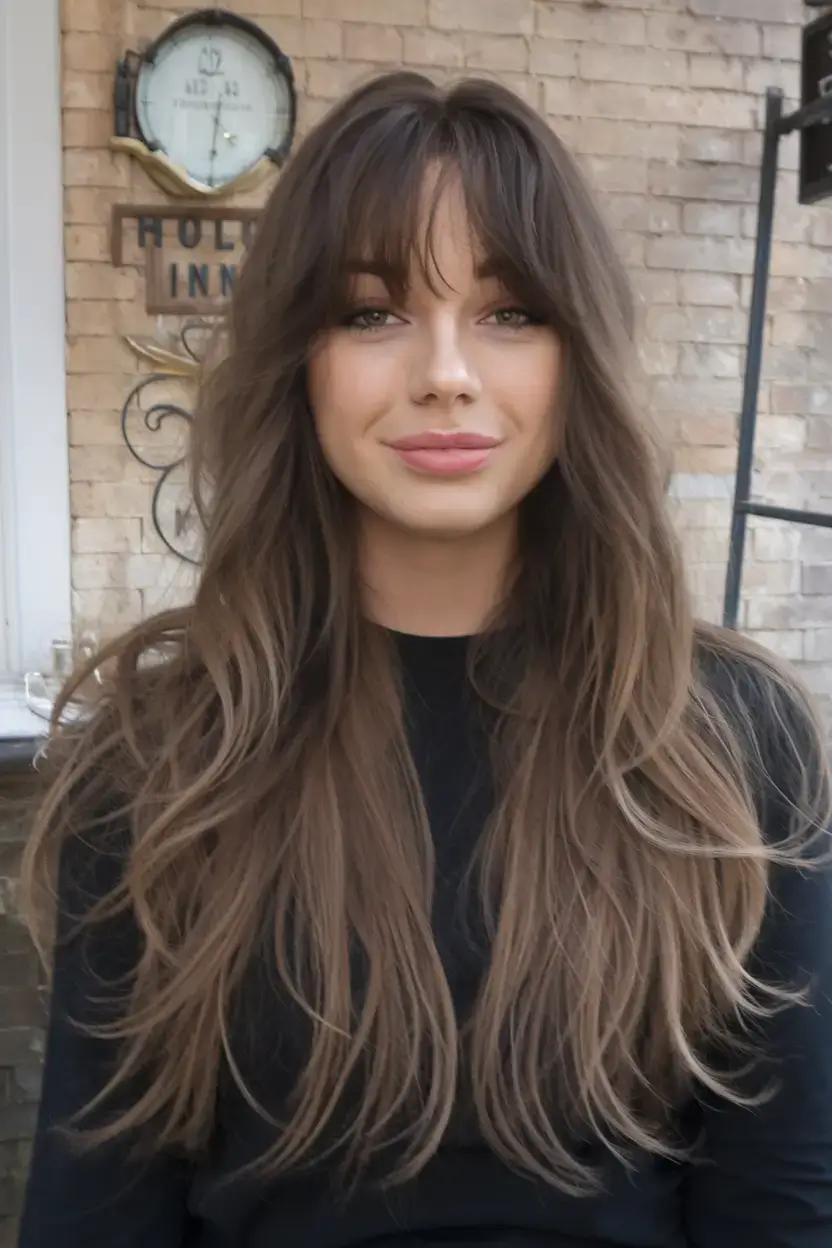 haircuts with bang summer ideas 2025 Layered Chestnut Length with Tousled Curtain Bangs