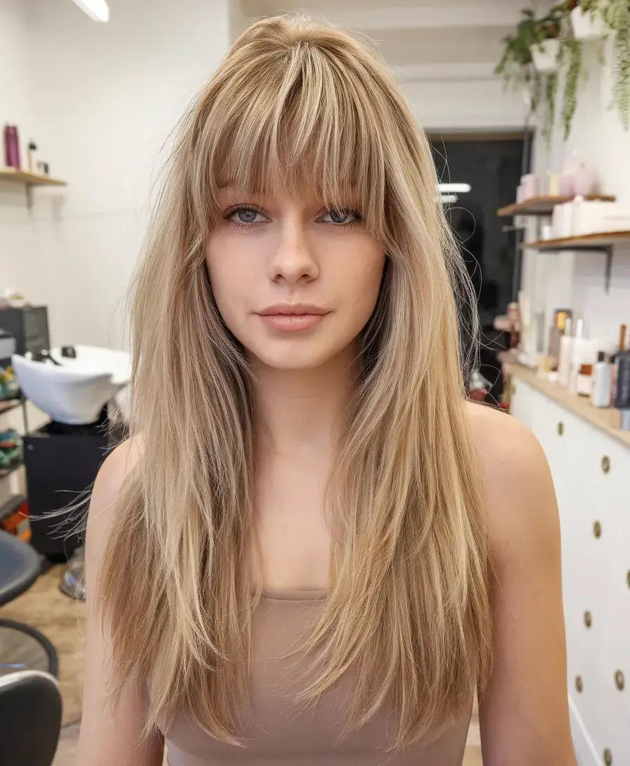 haircuts with bang summer ideas 2025 Golden Layered Blowout with Full Bangs