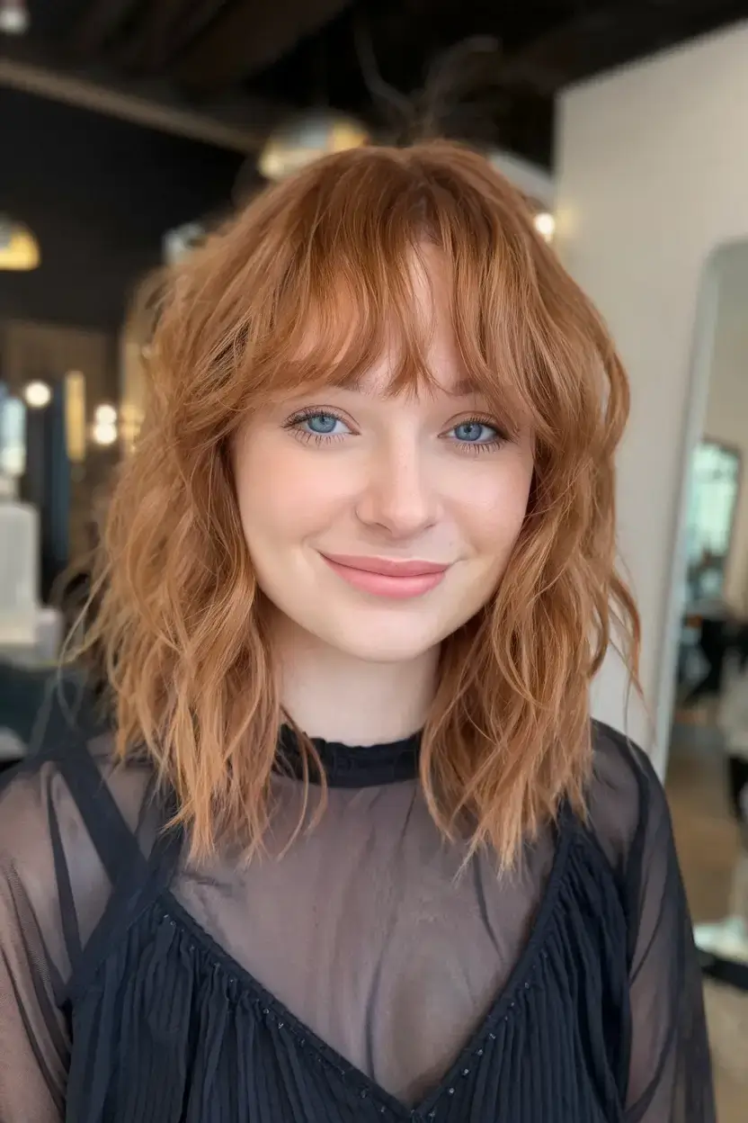 haircuts with bang summer ideas 2025 Textured Copper Lob with Airy Fringe