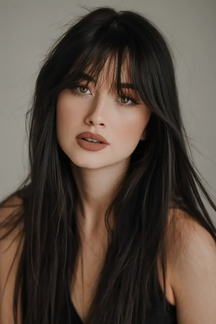 haircuts with bang summer ideas 2025 Jet Black Layers with Thick Shag Bangs
