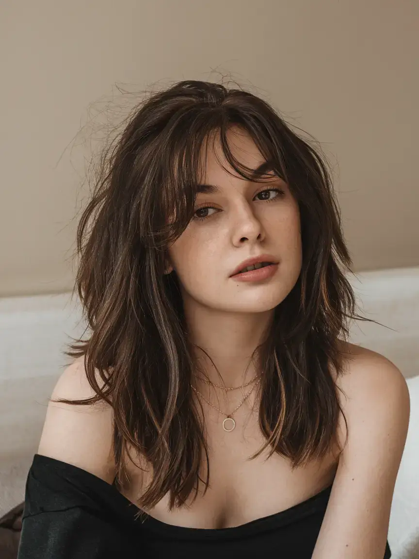 haircuts with bang summer ideas 2025 Choppy Shag with Loose Curtain Bangs