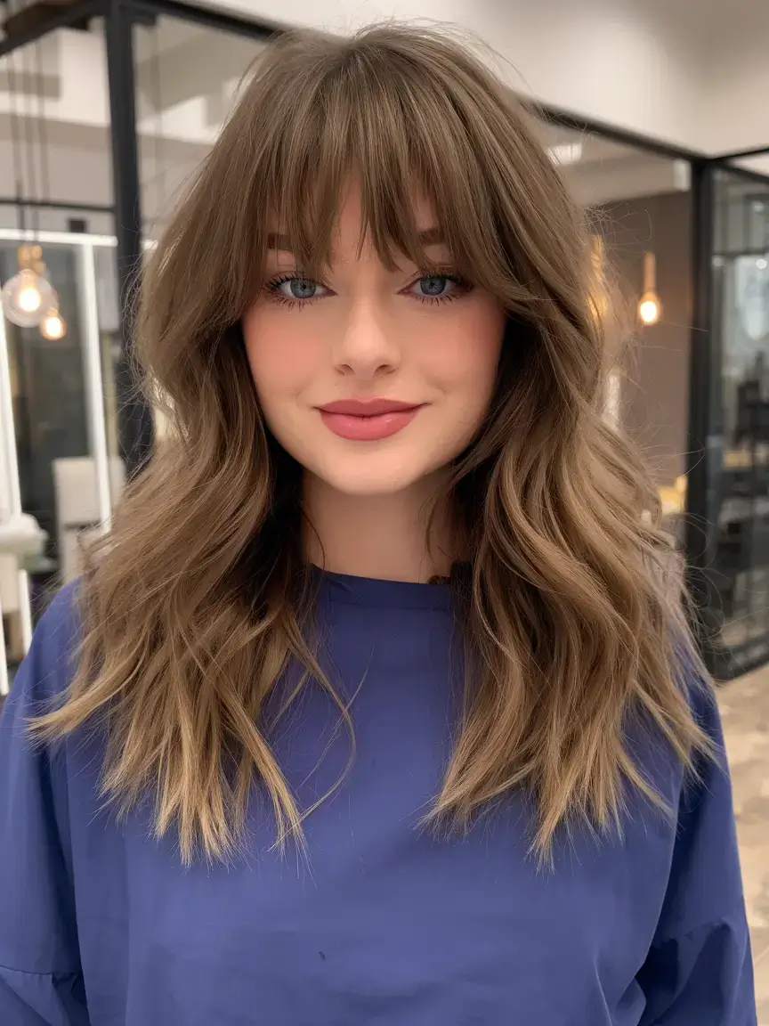 haircuts with bang summer ideas 2025 Textured Brown Waves with Blunt Bangs